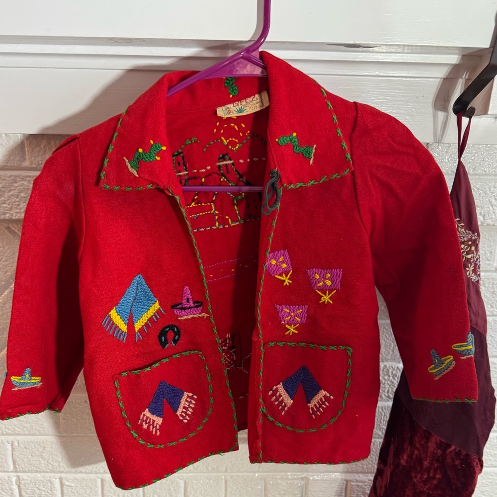 Vintage 1940’s kids Lopez colorful red embroidered wool handmade in Mexico coat
